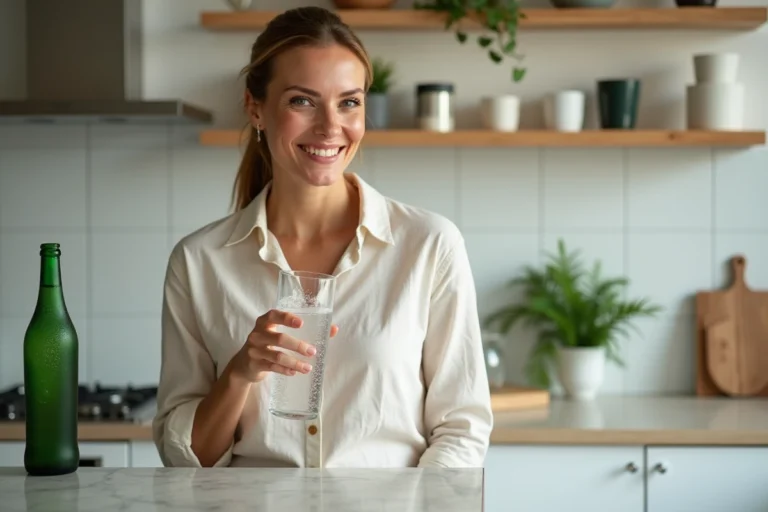 Femme tenant un verre d'eau minérale Saint Antonin dans une cuisine moderne pour soulager la constipation