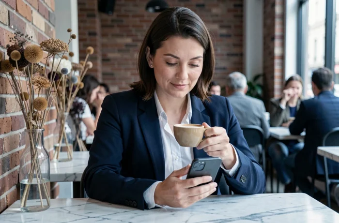Femme élégante dans un café urbain consultant un blog lifestyle dédié aux femmes sur son smartphone