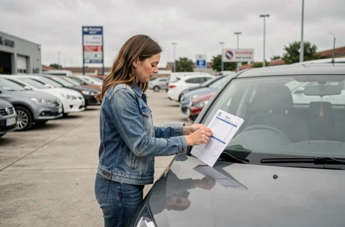 Femme lisant la fiche technique d'un véhicule dans un parc automobile, en lien avec le vocabulaire et le jargon automobile camtar