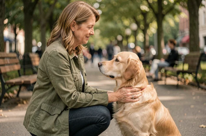 Femme agenouillée face à un golden retriever dans un parc urbain, regard complice entre la maîtresse et son chien