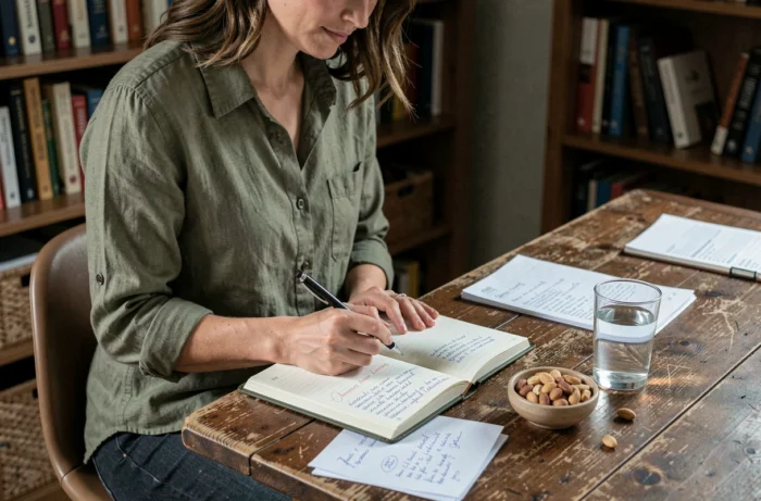 Femme écrivant dans un journal de suivi nutritionnel pour accompagner ses objectifs de perte de poids au quotidien