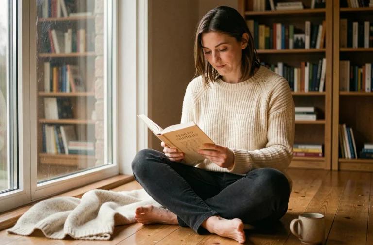 Femme lisant un livre chez elle dans une atmosphère cosy et détendue, idée de loisir en intérieur