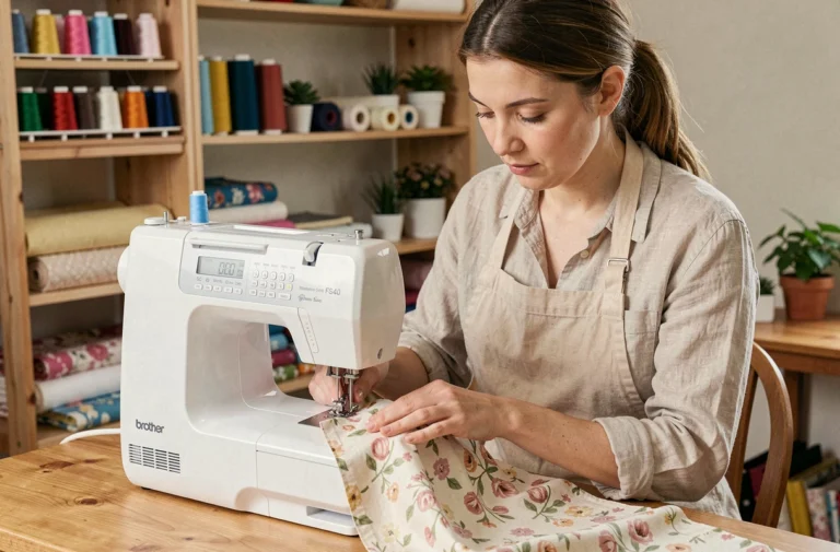 Femme utilisant une machine à coudre Brother FS40 dans un atelier de couture à domicile chaleureux