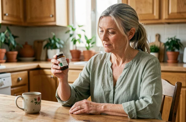 Femme de 50 ans lisant l'étiquette d'un complément alimentaire Acthéane à la maison