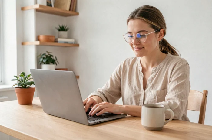 Femme moderne naviguant sur un blog lifestyle depuis son bureau minimaliste en bois avec un laptop ouvert
