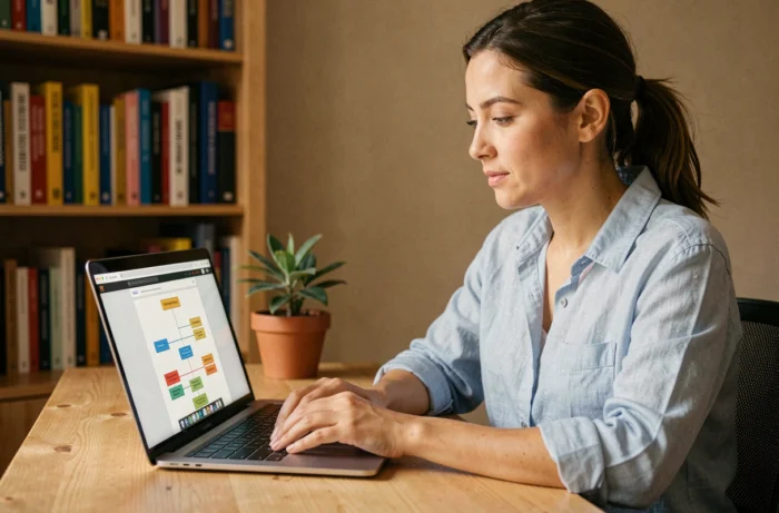 Femme naviguant sur un plan de site web depuis son bureau à domicile