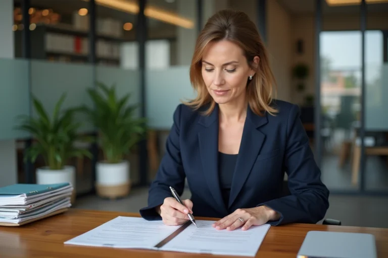 Femme étudiant une offre de prêt immobilier dans un bureau bancaire moderne