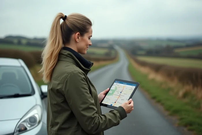 Femme planifiant son itinéraire Michelin sur tablette en bord de route à la campagne française
