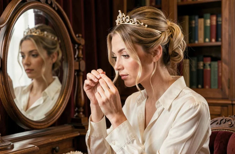 Femme portant un tiare doré orné de perles et cristaux devant un miroir vintage dans une loge élégante