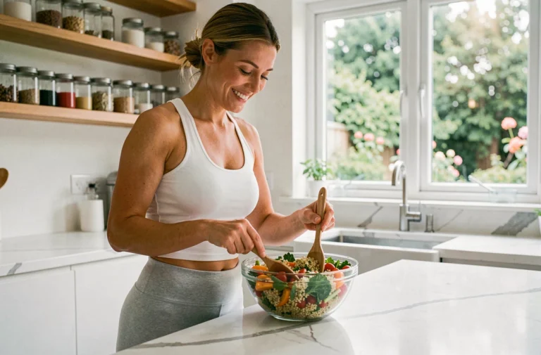 Femme préparant un repas sain et équilibré dans une cuisine moderne pour accompagner sa perte de poids