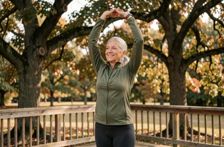 Femme de 60 ans en tenue de sport faisant des étirements dans un parc en automne, illustrant une retraite active et épanouie