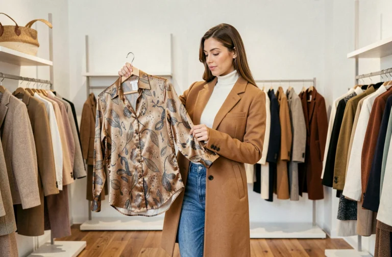 Femme élégante en manteau camel explorant les tendances mode dans une boutique moderne aux murs blancs et parquet en chêne