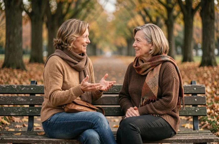 Deux femmes d'âge mûr discutant des symptômes de la ménopause dans un parc