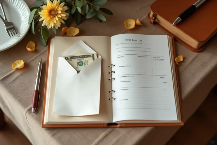 Vue de dessus d'une enveloppe avec chèque et argent liquide posée sur un carnet de budget mariage et une invitation