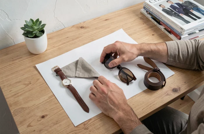 Homme arrangeant un flat lay d'accessoires de mode masculins sur un bureau en bois minimaliste pour un contenu lifestyle