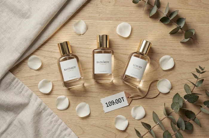 Comparaison flacons de parfums dupes Lidl et parfums de luxe en flat lay élégant sur bois clair