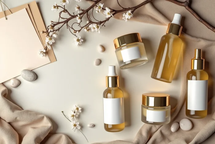 Flatlay de produits de soin visage français haut de gamme sur tissu de lin avec fleurs séchées et sarments de vigne