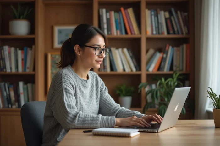 Femme suivant une formation coach parental en ligne depuis son bureau à domicile avec un ordinateur portable et un carnet de notes