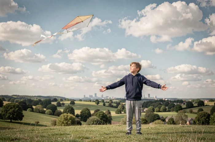Garçon debout sur une colline verdoyante faisant voler un cerf-volant, regardant le ciel avec un regard plein d'espoir et d'ambition