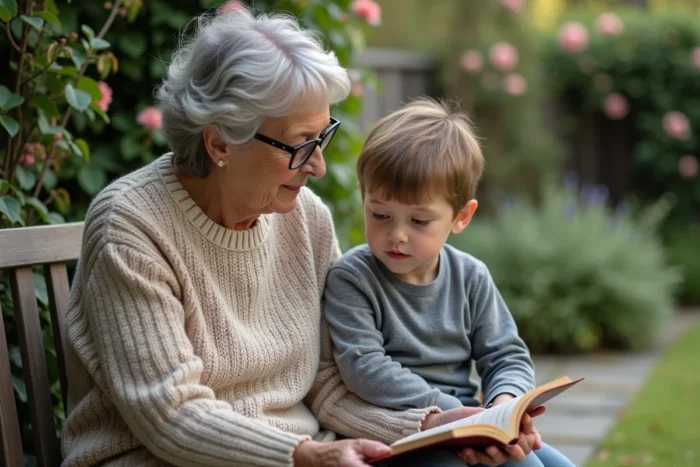 Grand-mère aux cheveux argentés partageant un moment complice avec sa petite-fille dans un jardin fleuri, symbole de lien intergénérationnel après 60 ans