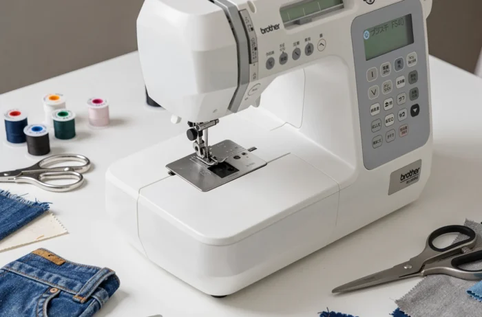 Gros plan sur la machine à coudre Brother FS40 avec accessoires de couture sur table blanche