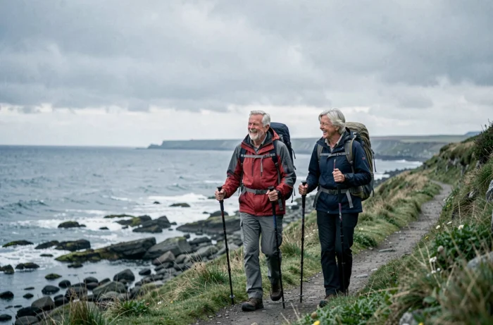 Groupe de retraités randonnant sur un sentier côtier, illustrant les bienfaits de l'activité physique et du lien social après 60 ans