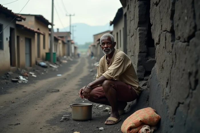 Un habitant de Goma agenouillé devant les ruines de sa maison engloutie par la lave volcanique solidifiée, exprimant la détresse et la perte