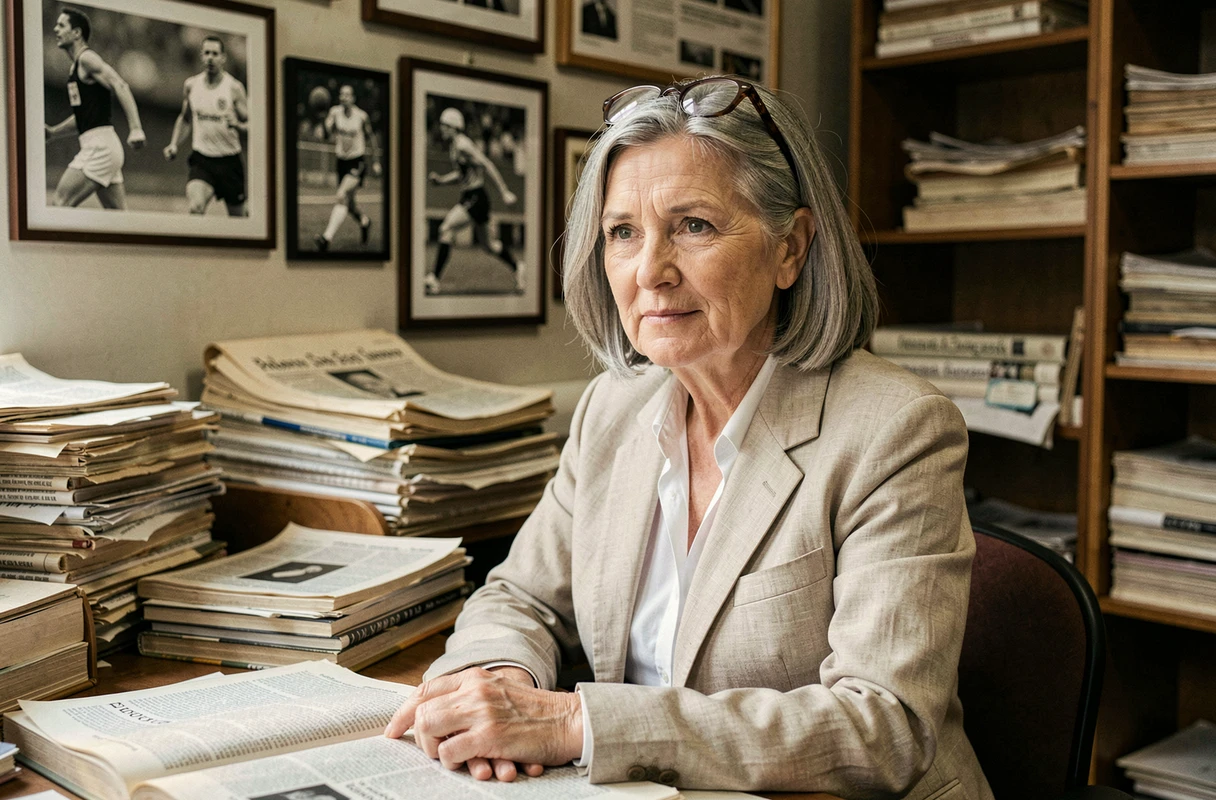 Historienne du sport entourée d'archives retraçant les grandes figures et exploits sportifs