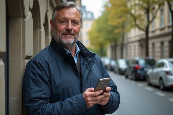 Homme consultant une application de location immobilière devant un immeuble résidentiel en ville
