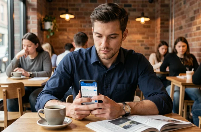 Jeune homme consultant une application de trading en bourse sur smartphone dans un café urbain avec journal financier