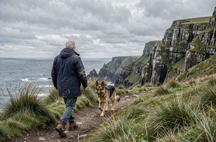 Homme âgé se promenant avec un berger allemand sur un sentier côtier sauvage sous un ciel nuageux
