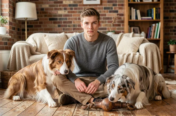 Jeune homme assis sur un parquet entouré de deux border collies dans un salon chaleureux et authentique