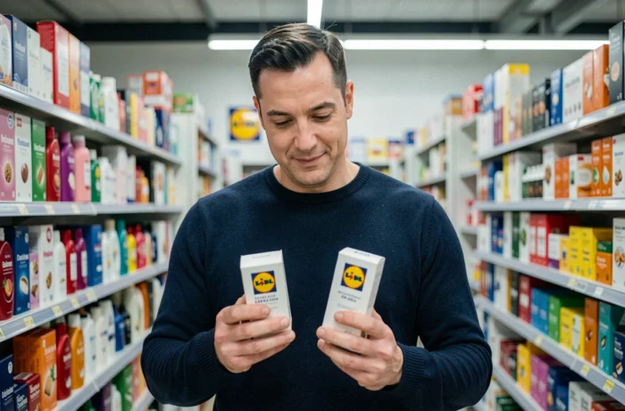 Homme comparant des dupes de parfums Lidl en rayon supermarché, fragrances pas chères alternatives luxe