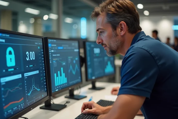 Homme comparant des logiciels anti-spam gratuits sur deux écrans dans un bureau en open space