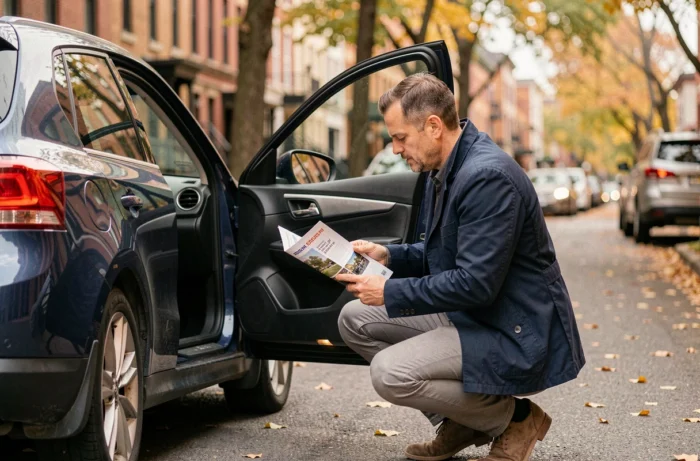 Homme comparant des brochures de voitures SUV dans une rue urbaine en automne