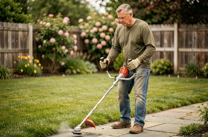 Homme utilisant un coupe-bordure thermique pour entretenir les bordures d'une pelouse soignée dans un jardin suburban