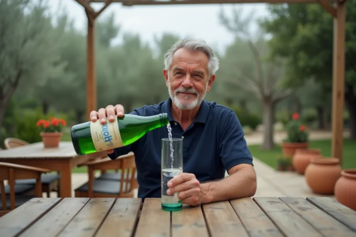 Homme versant de l'eau Saint Antonin sur une terrasse extérieure, eau minérale naturelle et transit intestinal