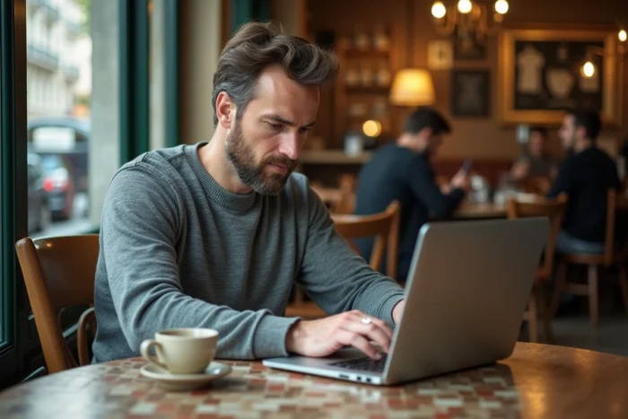 Homme envoyant un email à une radio française depuis un café parisien