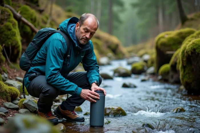 Homme en veste softshell remplissant une gourde avec un filtre à eau portable au bord d'un ruisseau en forêt de montagne