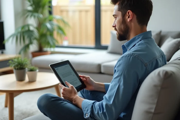 Homme consultant une formation parentale en ligne sur une tablette confortablement installé dans son salon moderne