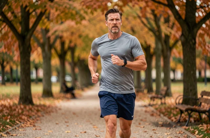 Homme faisant du jogging dans un parc en automne dans le cadre de sa routine de perte de poids