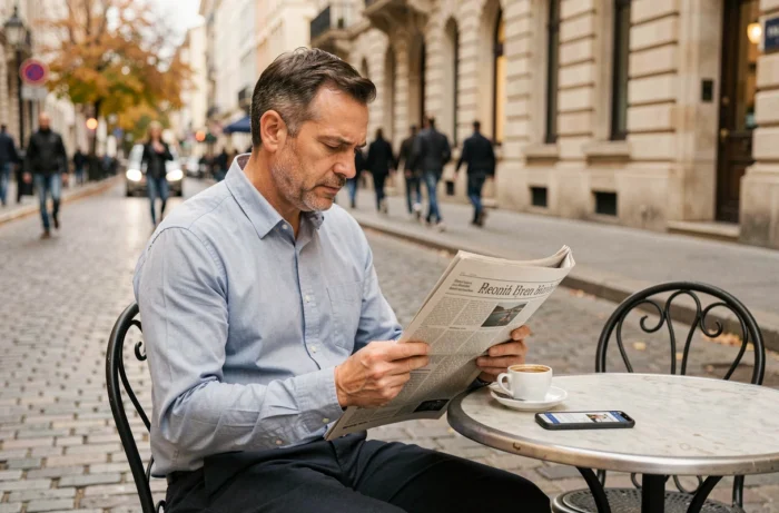 Homme lisant un journal international en terrasse de café dans une ville européenne avec smartphone affichant des actualités
