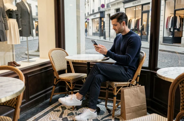 Homme stylé consulté des tendances mode sur son smartphone assis dans un café parisien près d'une vitrine de boutique
