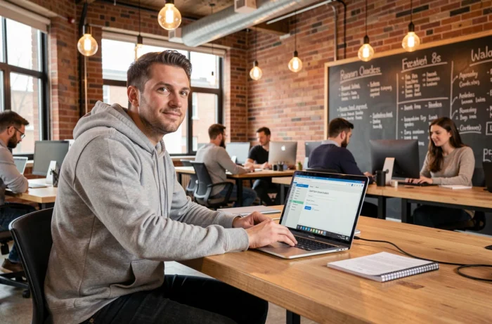 Homme paramétrant un client webmail avec les serveurs IMAP et SMTP dans un espace de coworking moderne