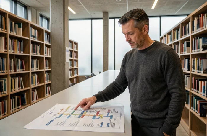 Homme consultant un plan de site imprimé dans une bibliothèque moderne