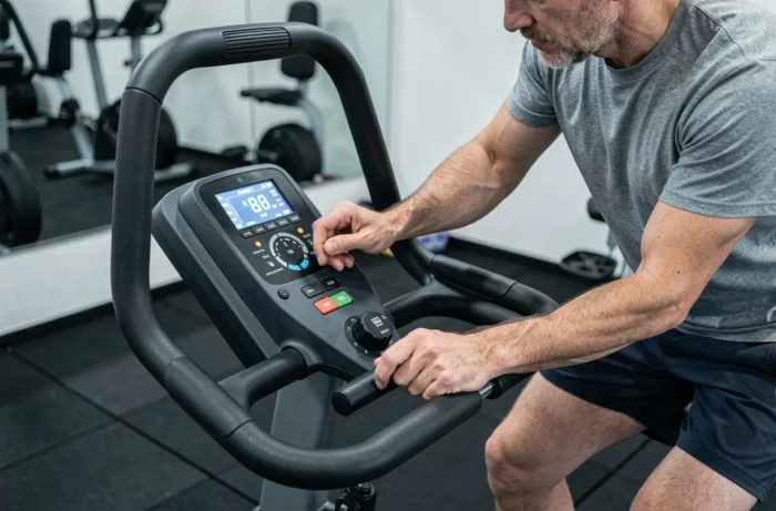 Homme inspectant le tableau de bord et les réglages d'un vélo d'appartement Ultrasport dans une salle de sport à domicile