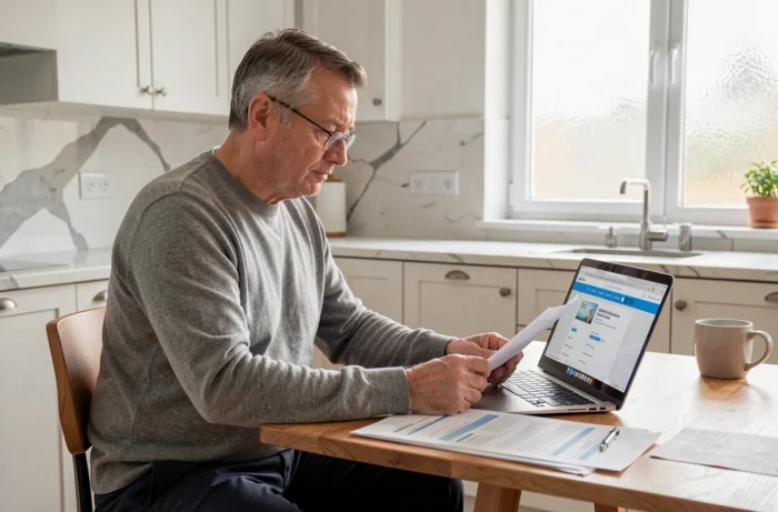Homme consultant les documents de remboursement mutuelle pour un PET scan à domicile