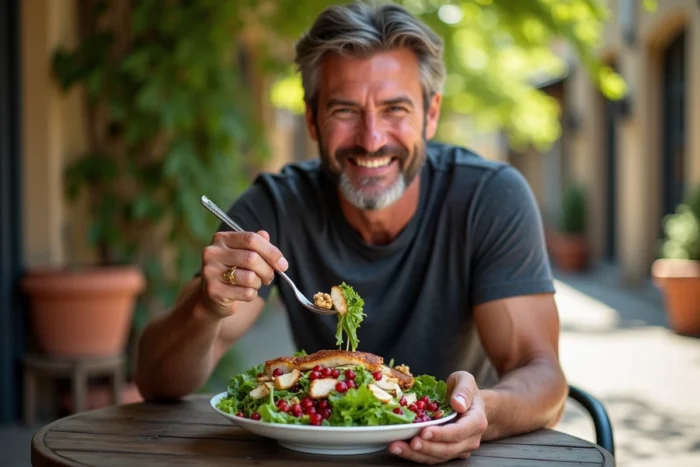 Homme dégustant une grande salade repas équilibrée en terrasse pour perdre du poids facilement