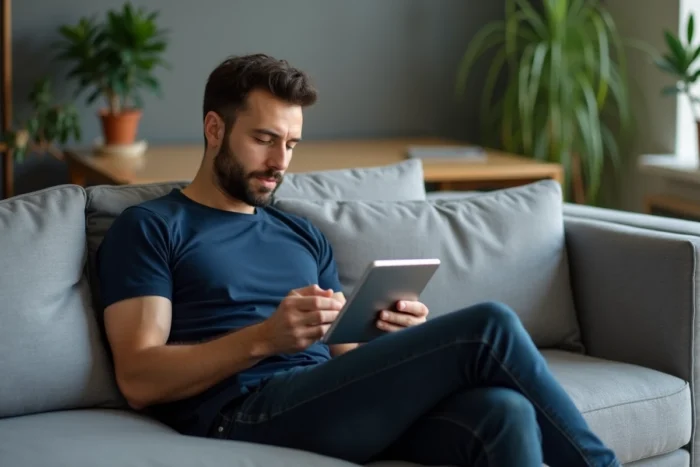 Homme consultant les résultats de recherche d'une adresse URL de streaming sur une tablette dans son salon
