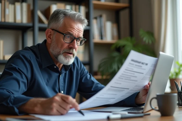 Un homme dans la quarantaine examine attentivement des documents officiels et une plateforme en ligne pour vérifier la légitimité d'une créance publique